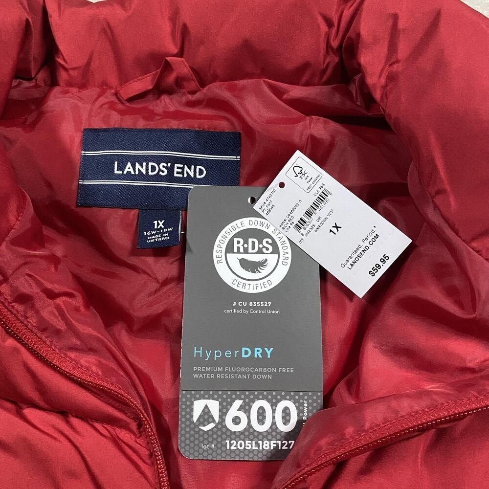Lands' End Vest Womens 1X Red Down Puffer Quilted Full Zip HyperDry Insulated - Picture 2 of 6